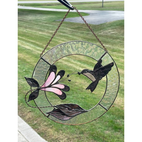 Vtg Stained Glass Metal Hummingbird Floral Suncatcher Copper Brass 9.25" - Picture 3 of 7